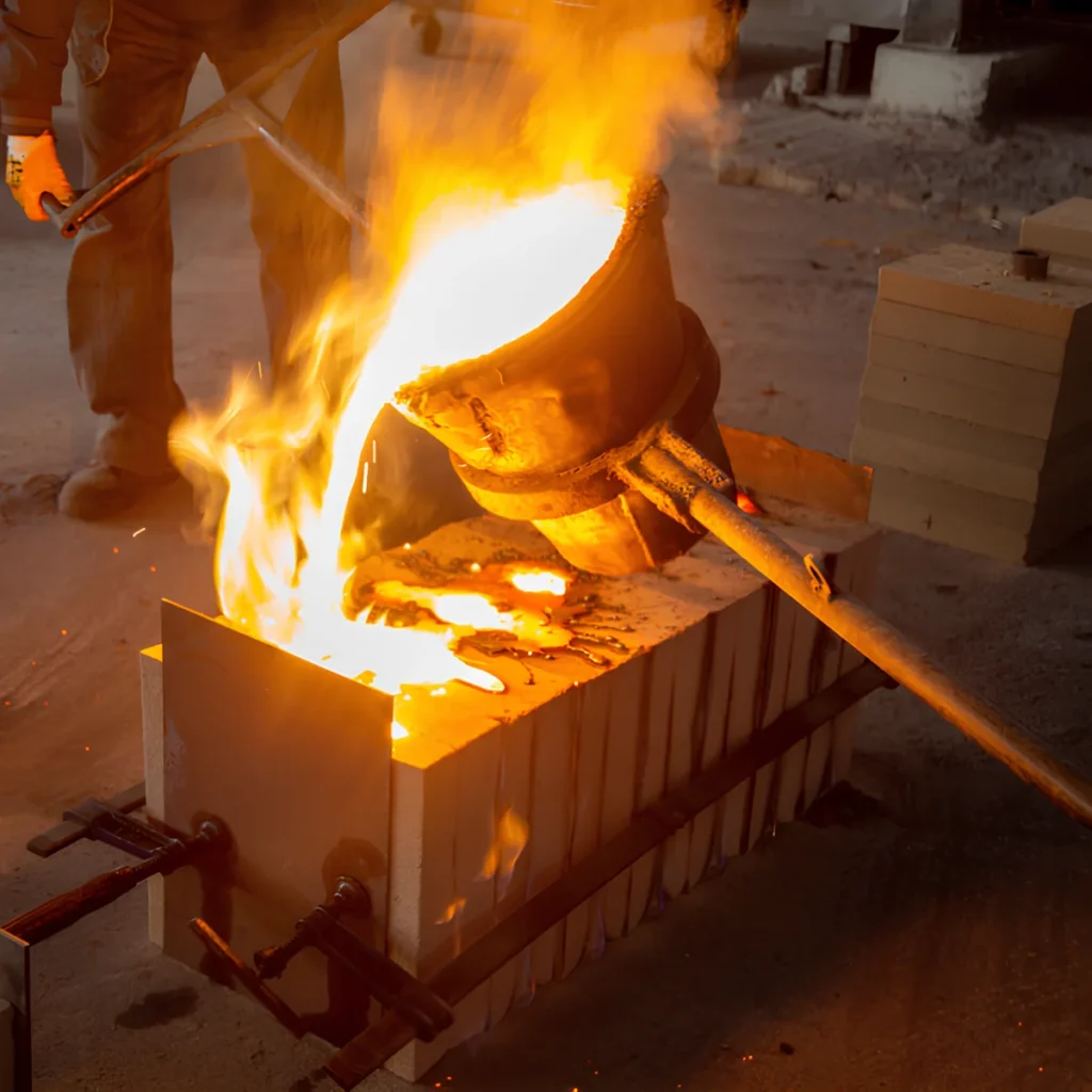 Image of an engineer pouring molten Inconel into a ceramic mold for an aerospace structural component.