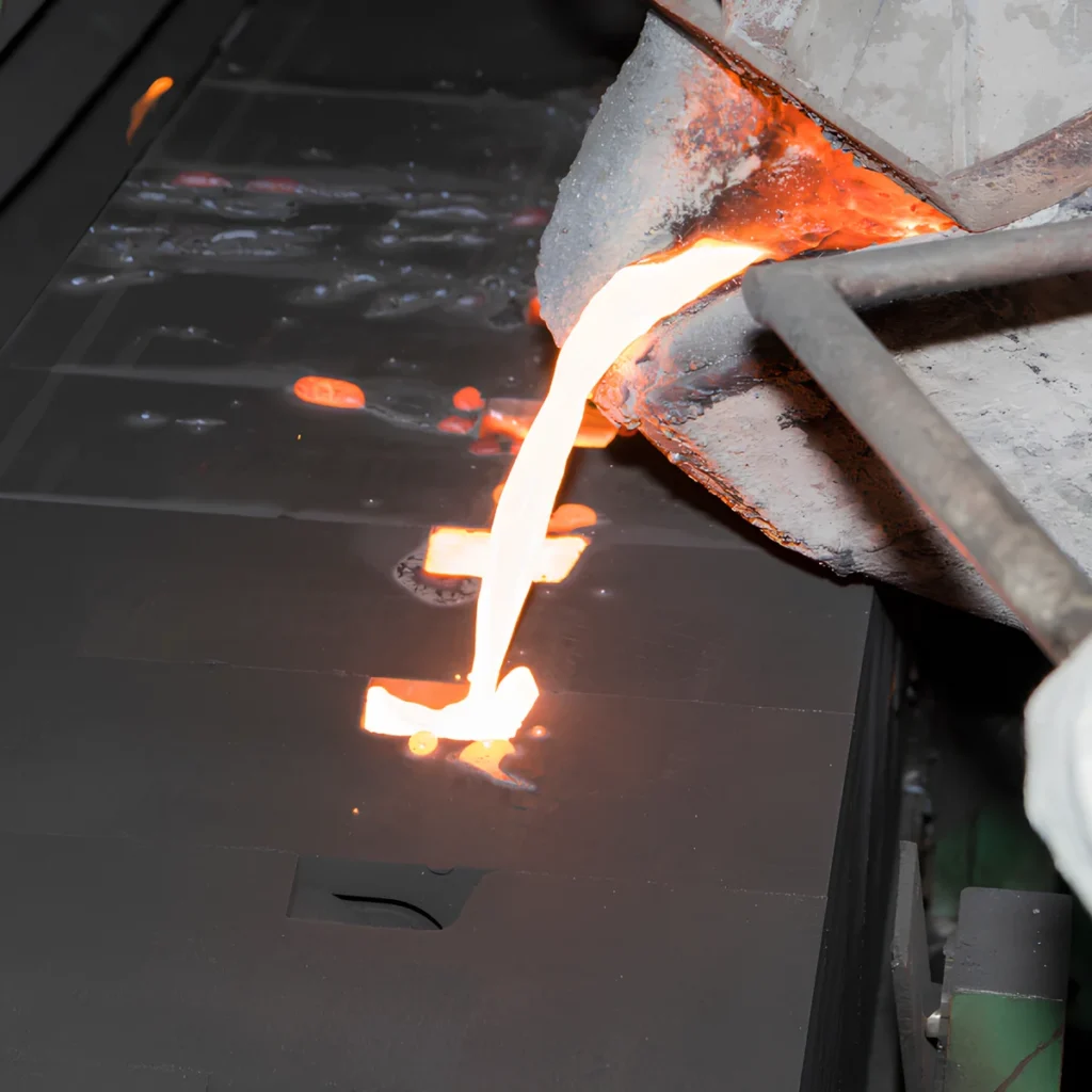 Molten metal poured into high-precision ceramic mold for a Huntsville aerospace component.